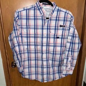 Columbia Men's White, Blue, and Pink Plaid Outdoor Shirt size Medium